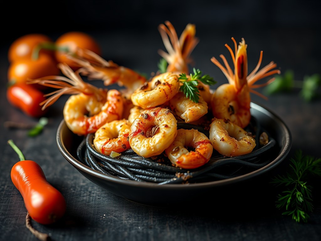 Gebakken scampi’s met Italiaanse zwarte pasta, AI-gegenereerde illustratie