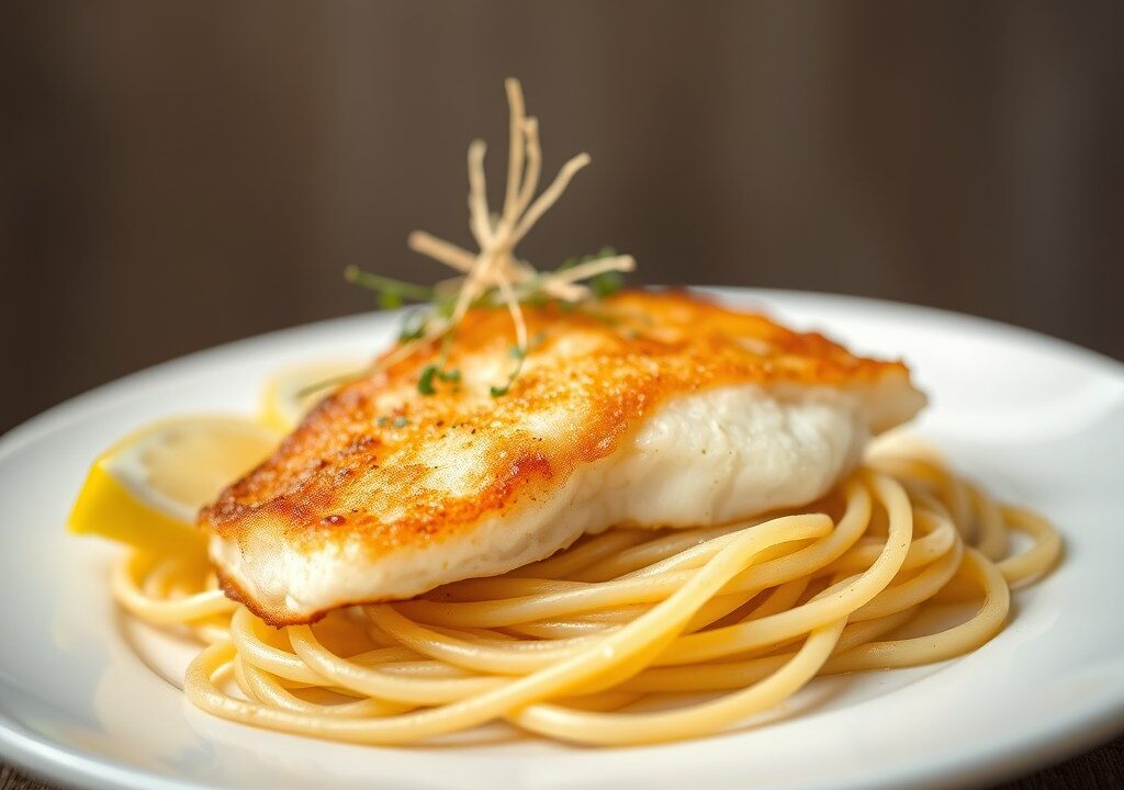 Gebakken skrei met mousseline van algen en linguini — AI-gegenereerde illustratie