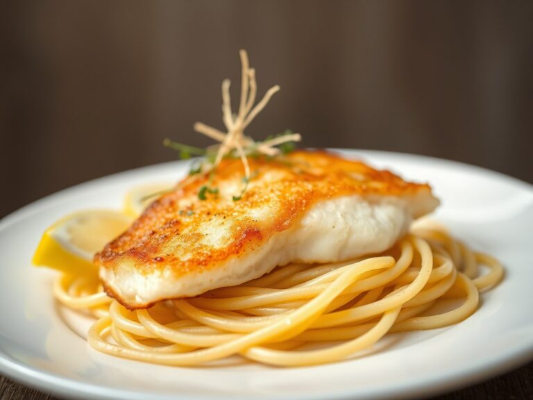 Gebakken skrei met mousseline van algen en linguini — AI-gegenereerde illustratie