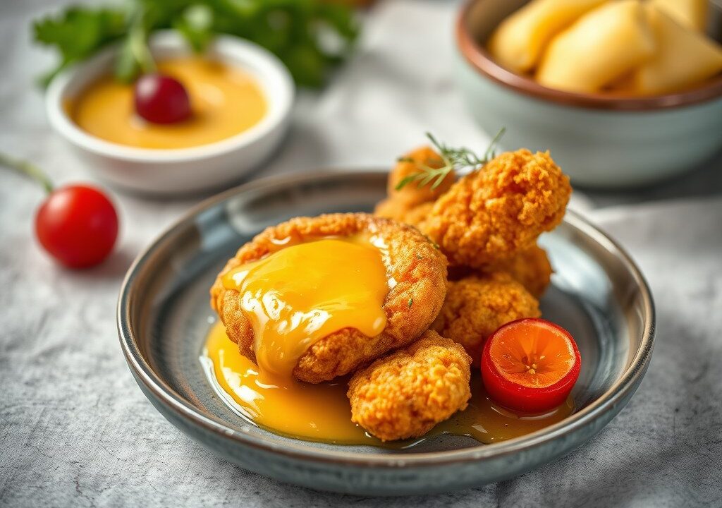 Gebakken tarbot, mousselinesaus met roze pompelmoes en tempura van pompoen, AI-gegenereerde illustratie