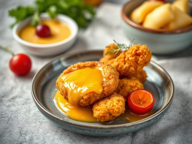Gebakken tarbot, mousselinesaus met roze pompelmoes en tempura van pompoen — AI-gegenereerde illustratie