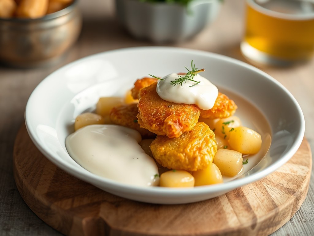 Gebakken zeebaars met asperges en aardappelcrème, AI-gegenereerde illustratie