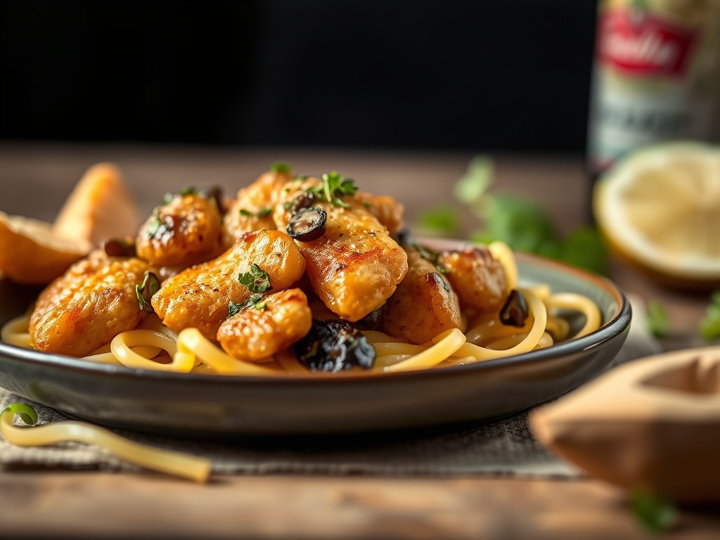 Gebakken zeeduivel met tuinkers, gekruide oesterzwam, tagliatelle en Oud Brugge schilfers, AI-gegenereerde illustratie