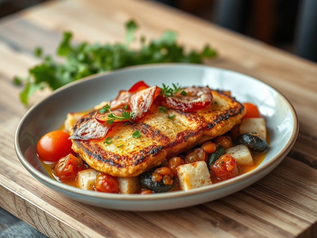 Gebakken zeewolf met ragout van witte asperges, tomaten, croutons en spekreepjes, AI-gegenereerde illustratie