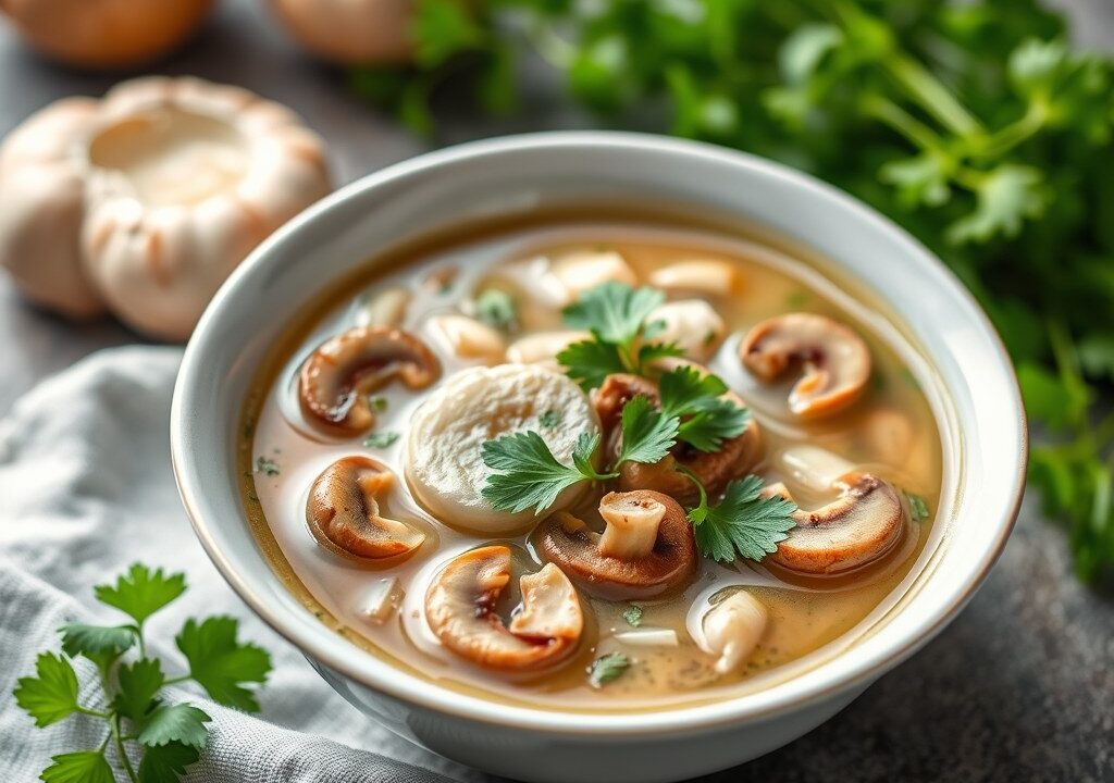 Gebonden champignon soep, AI-gegenereerde illustratie