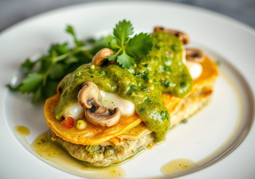 Gebraden knolselderij met salsa verde en paddenstoelenkaas — AI-gegenereerde illustratie