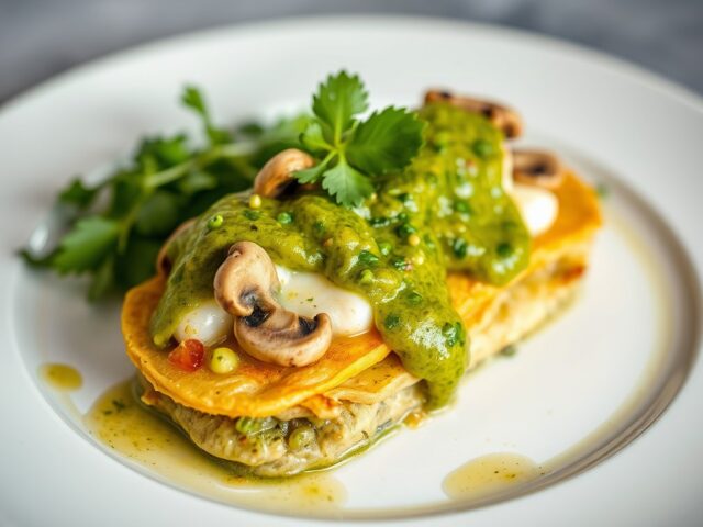 Gebraden knolselderij met salsa verde en paddenstoelenkaas — AI-gegenereerde illustratie