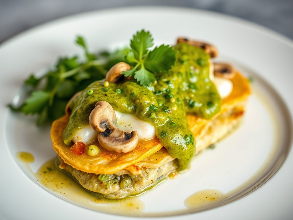 Gebraden knolselderij met salsa verde en paddenstoelenkaas, AI-gegenereerde illustratie