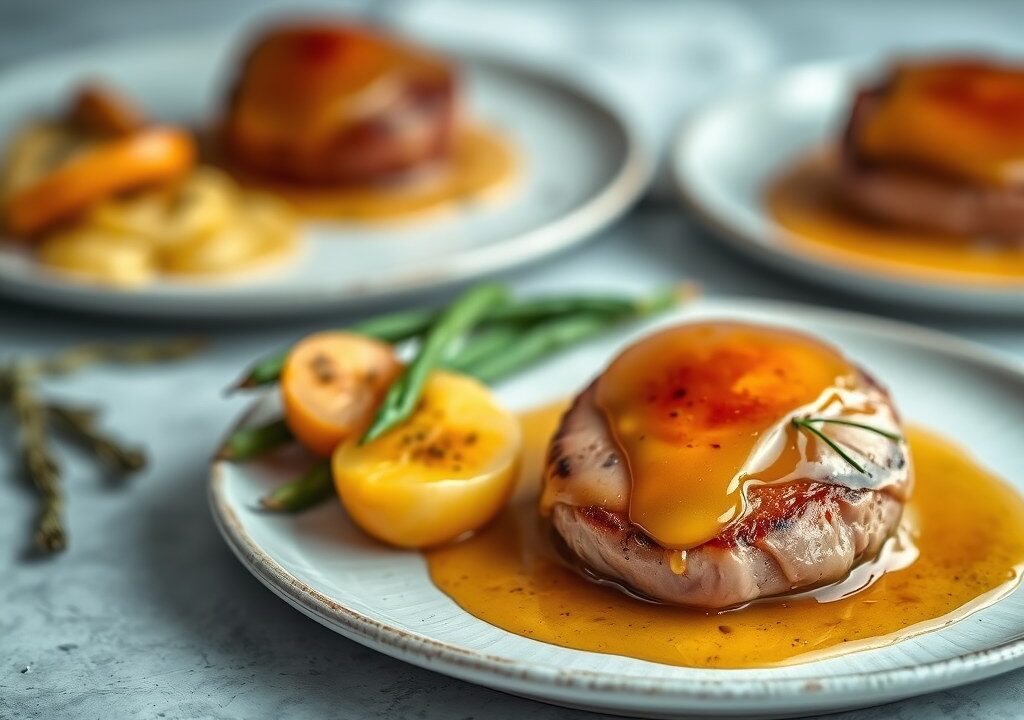Geflambeerde tournedos met peulen en krieltjes — AI-gegenereerde illustratie