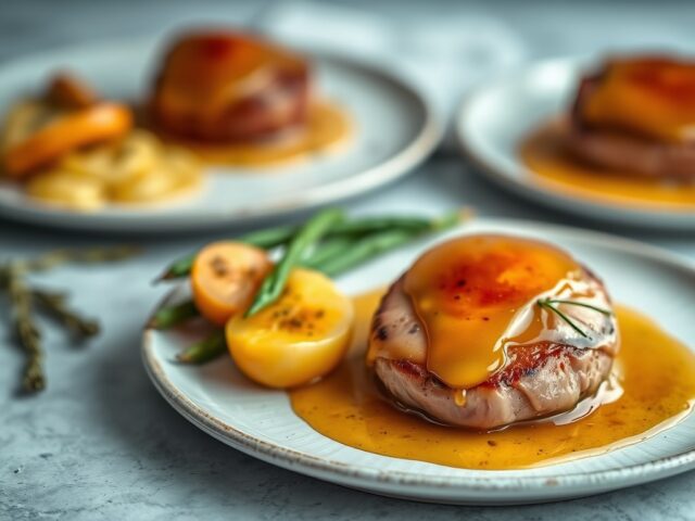 Geflambeerde tournedos met peulen en krieltjes — AI-gegenereerde illustratie