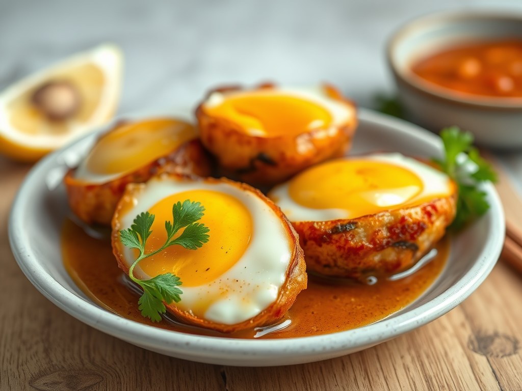Gefrituurde Eieren met Tamarinde Saus, AI-gegenereerde illustratie