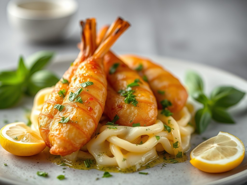 Gefrituurde gamba met basilicumvinaigrette, AI-gegenereerde illustratie