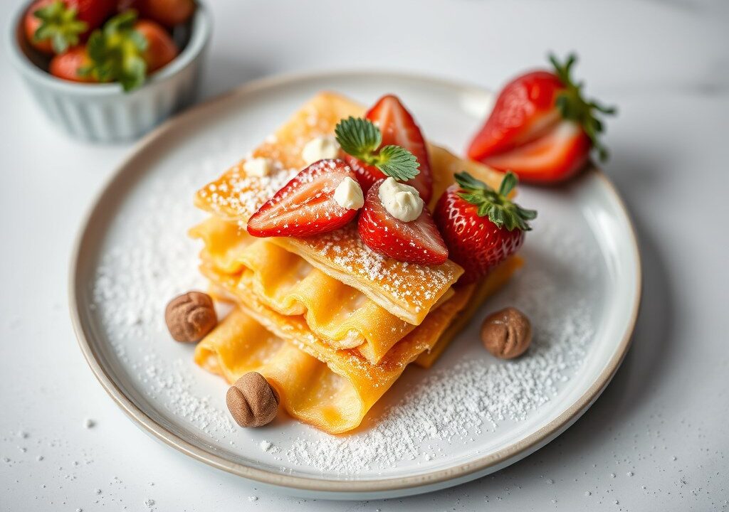 Gefrituurde pannenkoek-reepjes met aardbeienmoes — AI-gegenereerde illustratie