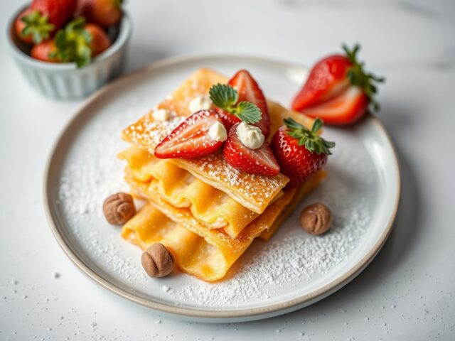 Gefrituurde pannenkoek-reepjes met aardbeienmoes — AI-gegenereerde illustratie