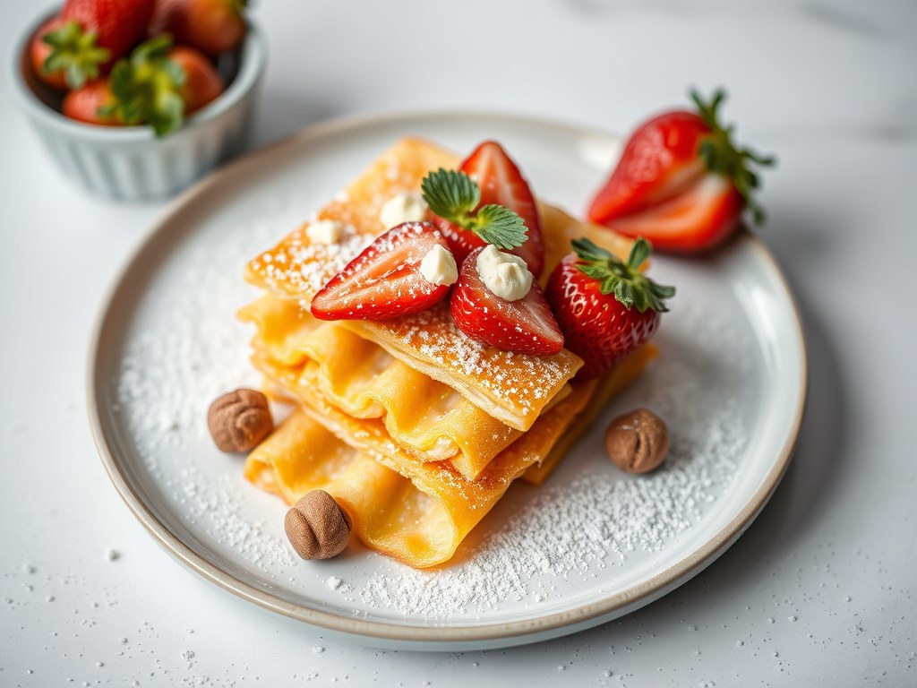 Gefrituurde pannenkoek-reepjes met aardbeienmoes, AI-gegenereerde illustratie
