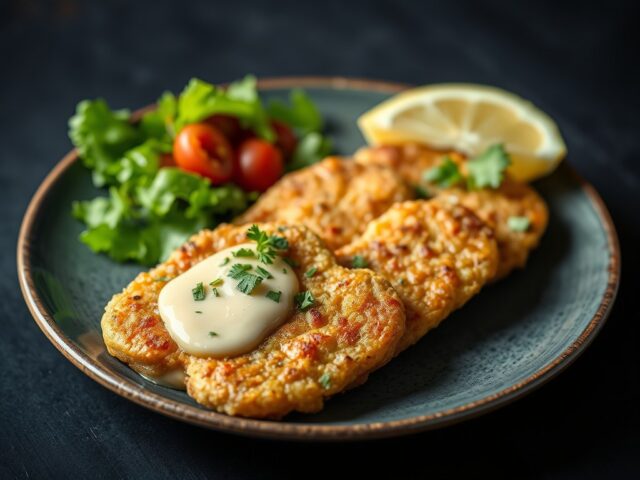Gefrituurde pladijsfilets met remouladesaus en frisse salade — AI-gegenereerde illustratie