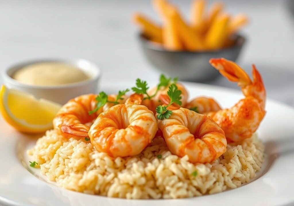 Gefrituurde scampi met rijsttaartjes — AI-gegenereerde illustratie