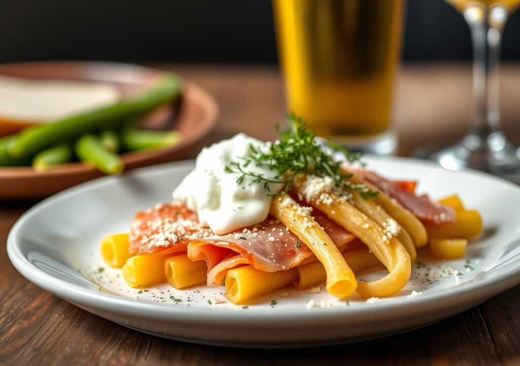 Gegratineerde asperges met ham in witbier — AI-gegenereerde illustratie