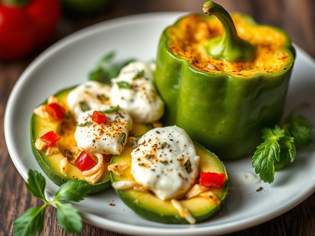Gegratineerde avocado met paprika, AI-gegenereerde illustratie