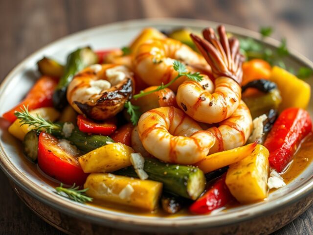 Gegratineerde groenten met scampi — AI-gegenereerde illustratie