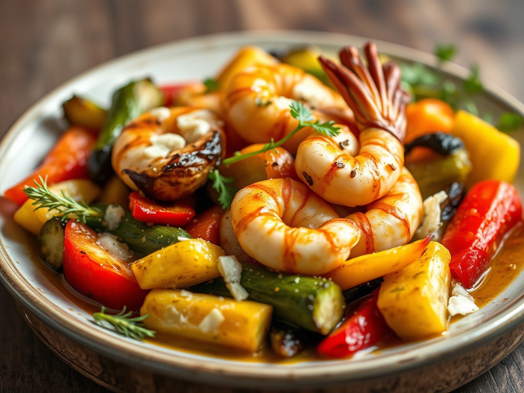Gegratineerde groenten met scampi, AI-gegenereerde illustratie