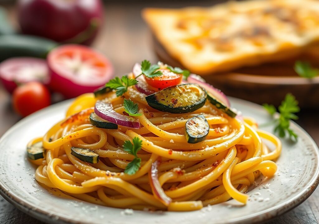 Gegratineerde pasta met courgette, AI-gegenereerde illustratie