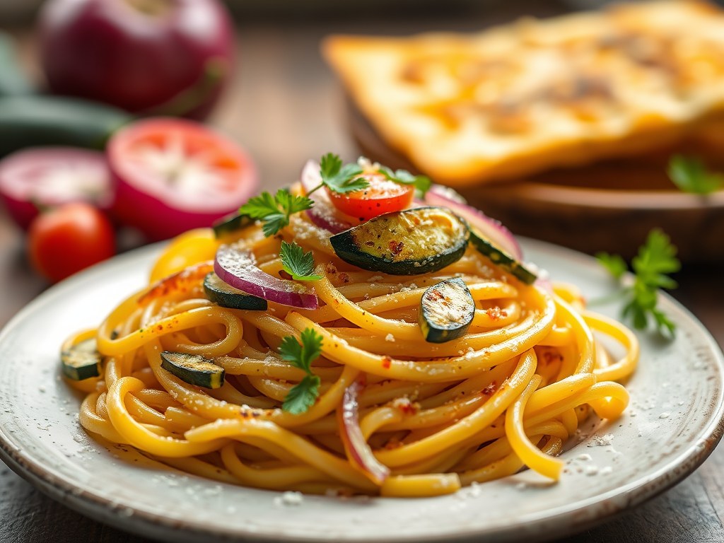 Gegratineerde pasta met courgette, AI-gegenereerde illustratie