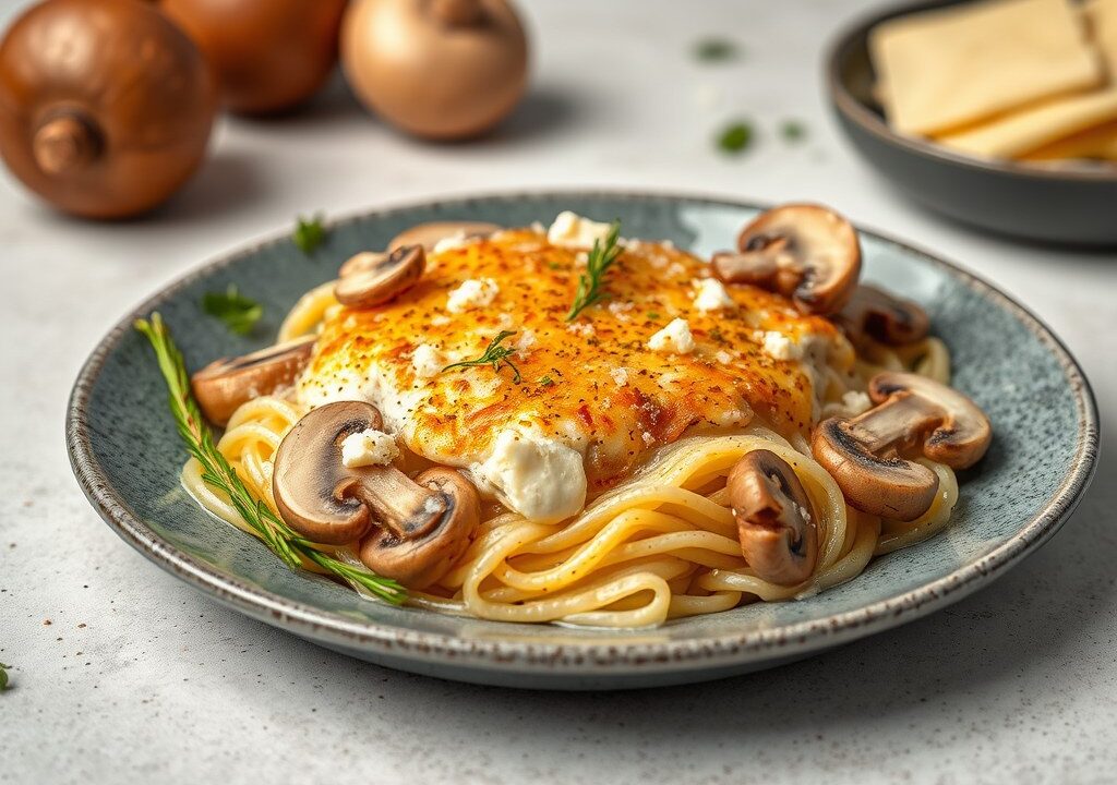 Gegratineerde Sint-Jacobsschelpen met champignons — AI-gegenereerde illustratie