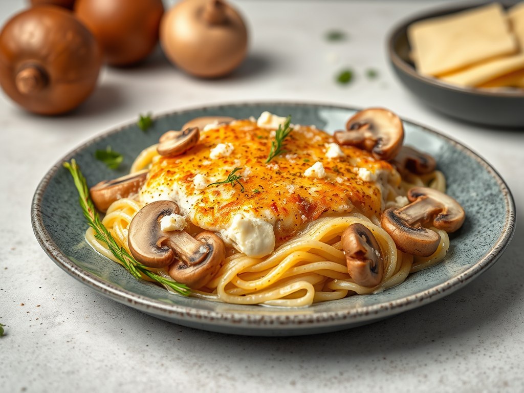 Gegratineerde Sint-Jacobsschelpen met champignons, AI-gegenereerde illustratie
