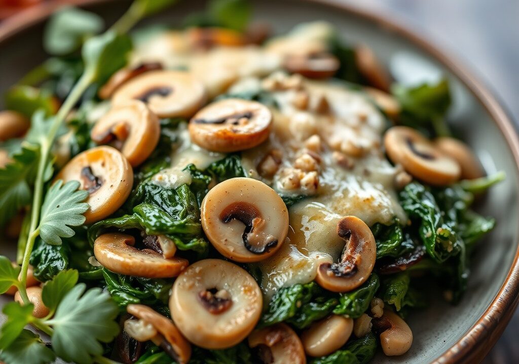 Gegratineerde spinazie met champignons, AI-gegenereerde illustratie