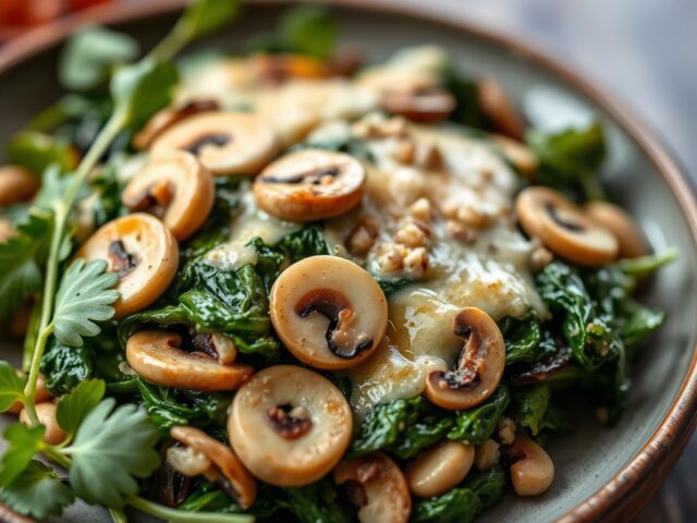 Gegratineerde spinazie met champignons — AI-gegenereerde illustratie