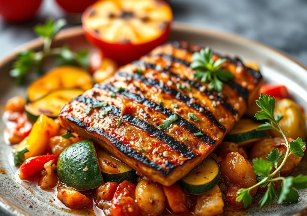 Gegrild kalfsvlees ratatouille, gratin met verse kruiden, AI-gegenereerde illustratie