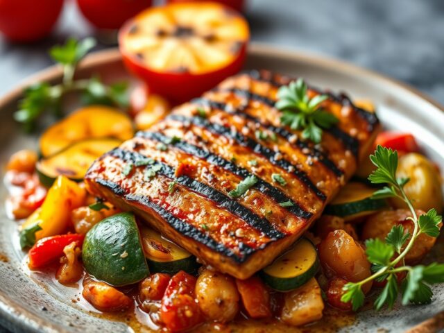 Gegrild kalfsvlees ratatouille, gratin met verse kruiden — AI-gegenereerde illustratie