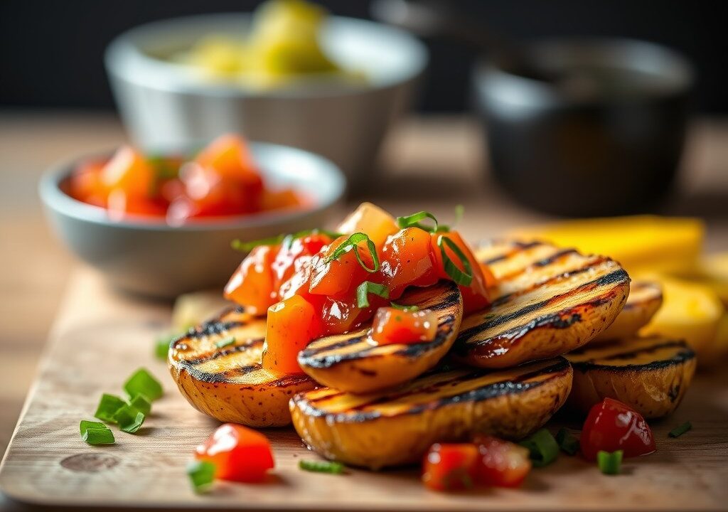 Gegrilde aardappeltjes met een salsa van paprika — AI-gegenereerde illustratie