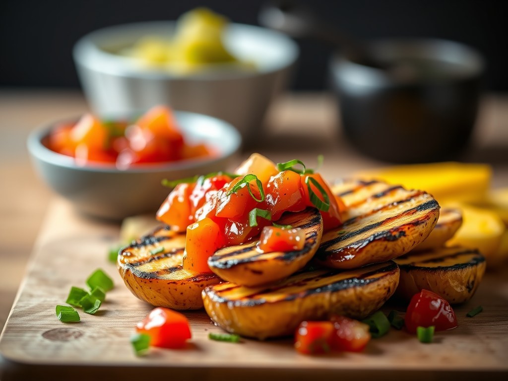 Gegrilde aardappeltjes met een salsa van paprika, AI-gegenereerde illustratie