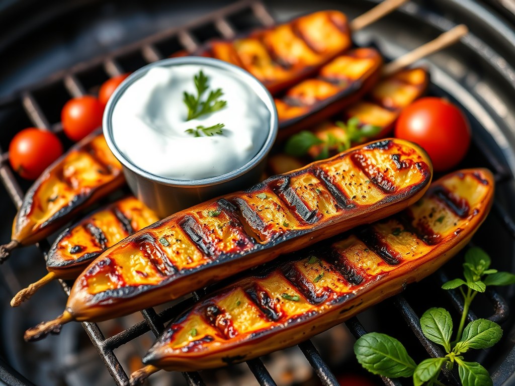 Gegrilde aardperen met Griekse yoghurtsaus, AI-gegenereerde illustratie
