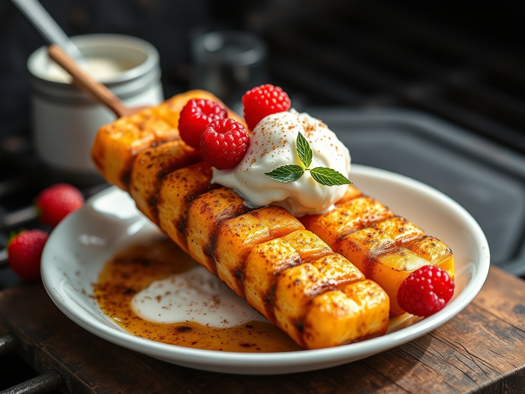 Gegrilde ananas met vanille-ijs en rode vruchten, AI-gegenereerde illustratie