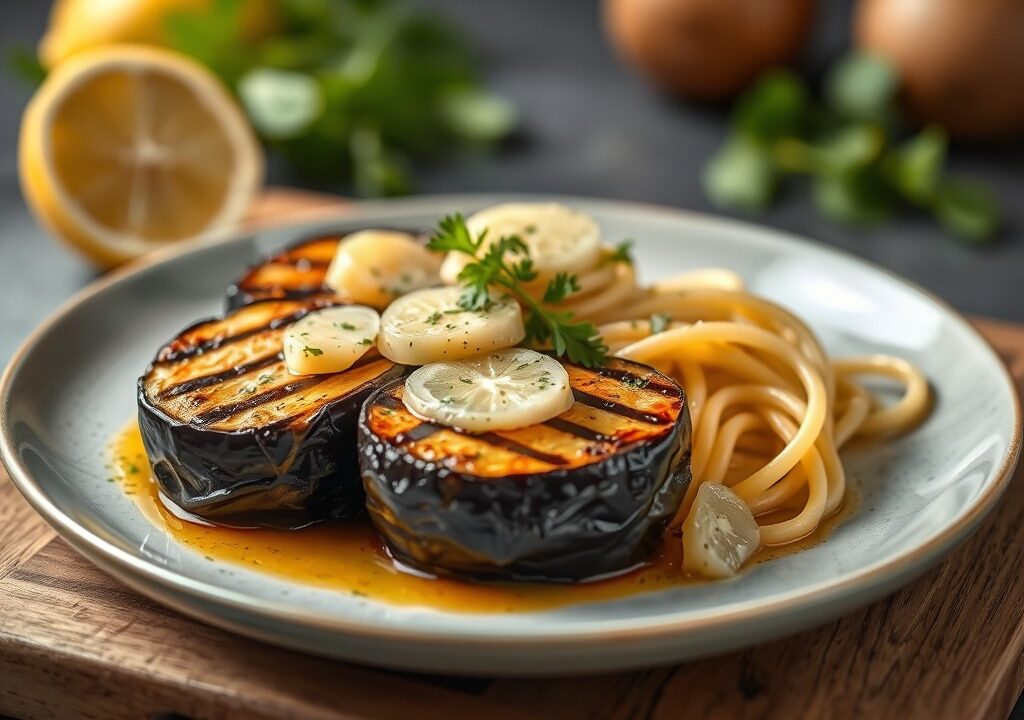 Gegrilde auberginerol met zeetongfilet, Gandaham , peterselieboter en fettuccine, AI-gegenereerde illustratie