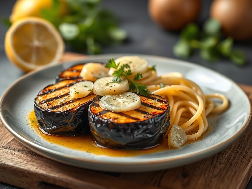 Gegrilde auberginerol met zeetongfilet, Gandaham , peterselieboter en fettuccine, AI-gegenereerde illustratie