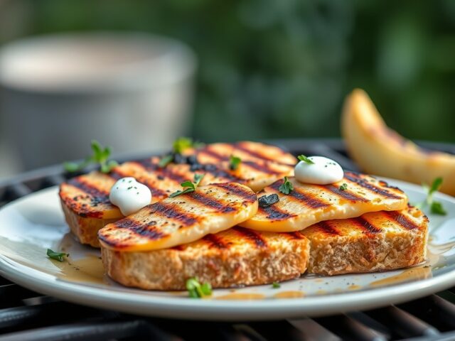 Gegrilde bakharing op een roggetoast met appel, venkel en zure room — AI-gegenereerde illustratie