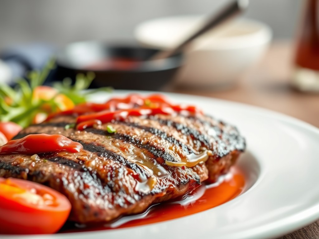 Gegrilde biefstuk met tomaten op zuiderse wijze, AI-gegenereerde illustratie