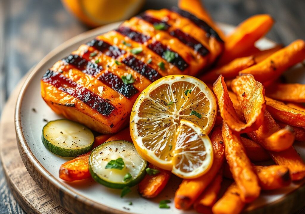 Gegrilde eendenborst met citrusfruit, pittig gekruid slaatje en chips van zoete aardappelen, AI-gegenereerde illustratie