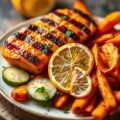 Gegrilde eendenborst met citrusfruit, pittig gekruid slaatje en chips van zoete aardappelen