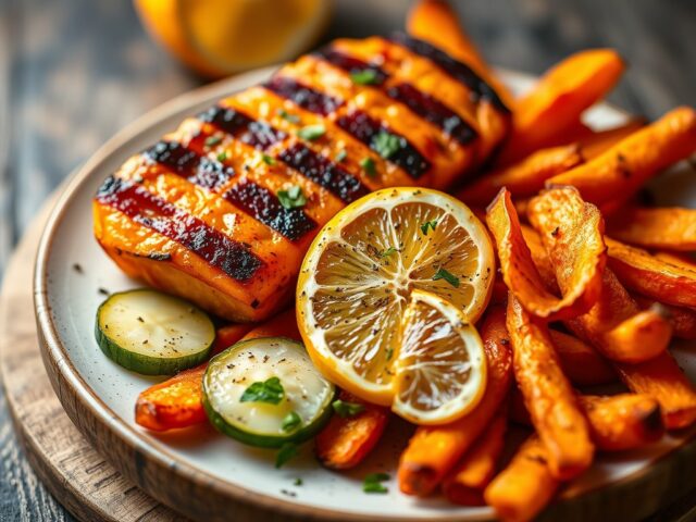 Gegrilde eendenborst met citrusfruit, pittig gekruid slaatje en chips van zoete aardappelen — AI-gegenereerde illustratie