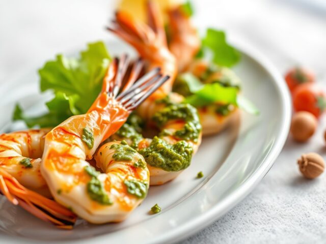 Gegrilde garnalen met pesto van notensla — AI-gegenereerde illustratie