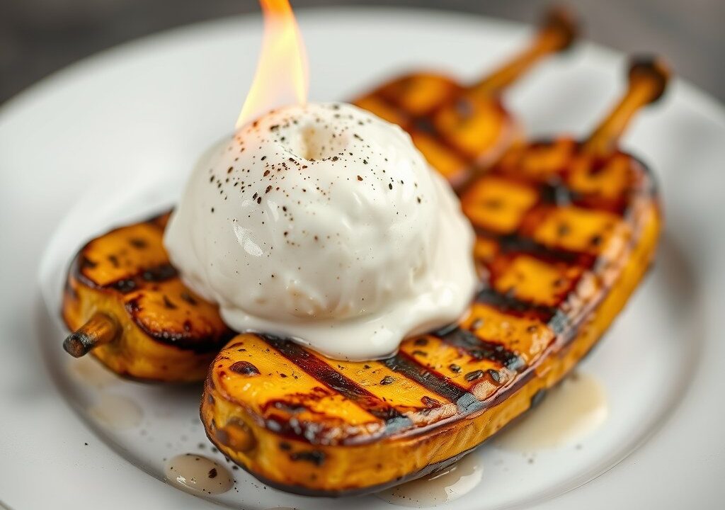 Gegrilde geflambeerde Bananen met Roomijs — AI-gegenereerde illustratie