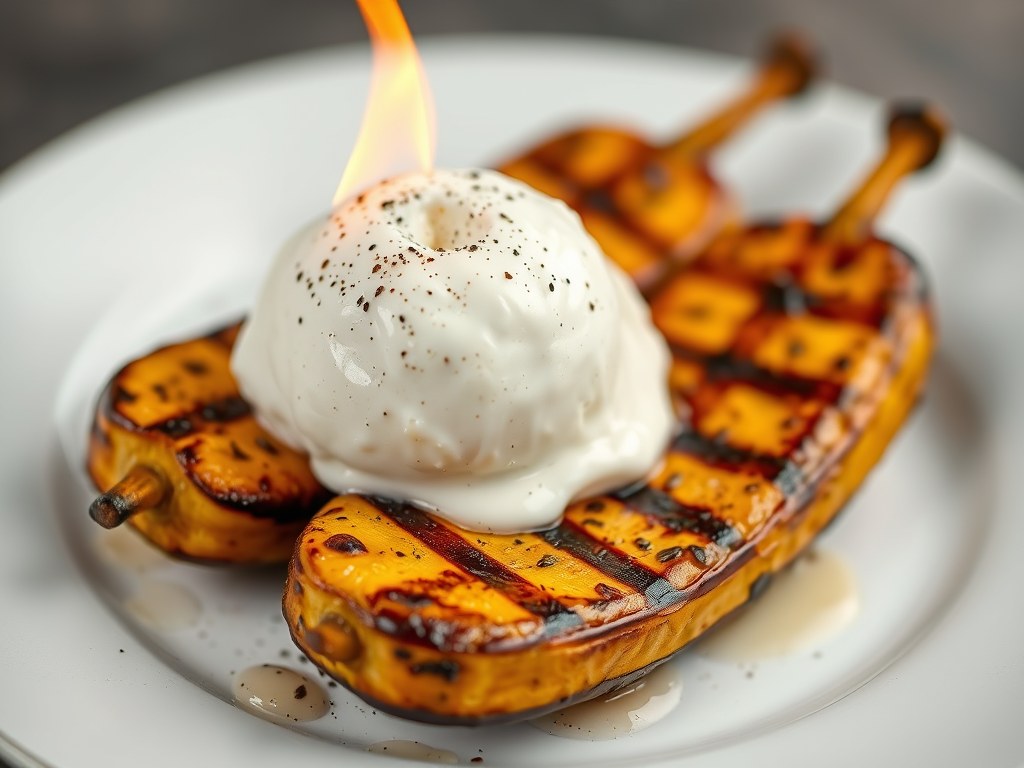 Gegrilde geflambeerde Bananen met Roomijs, AI-gegenereerde illustratie