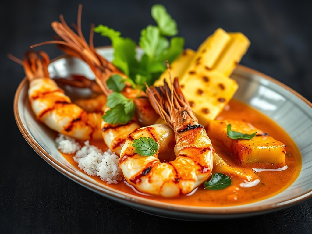 Gegrilde grote garnalen en gegrilde ananas met een Thaise rode curry, AI-gegenereerde illustratie