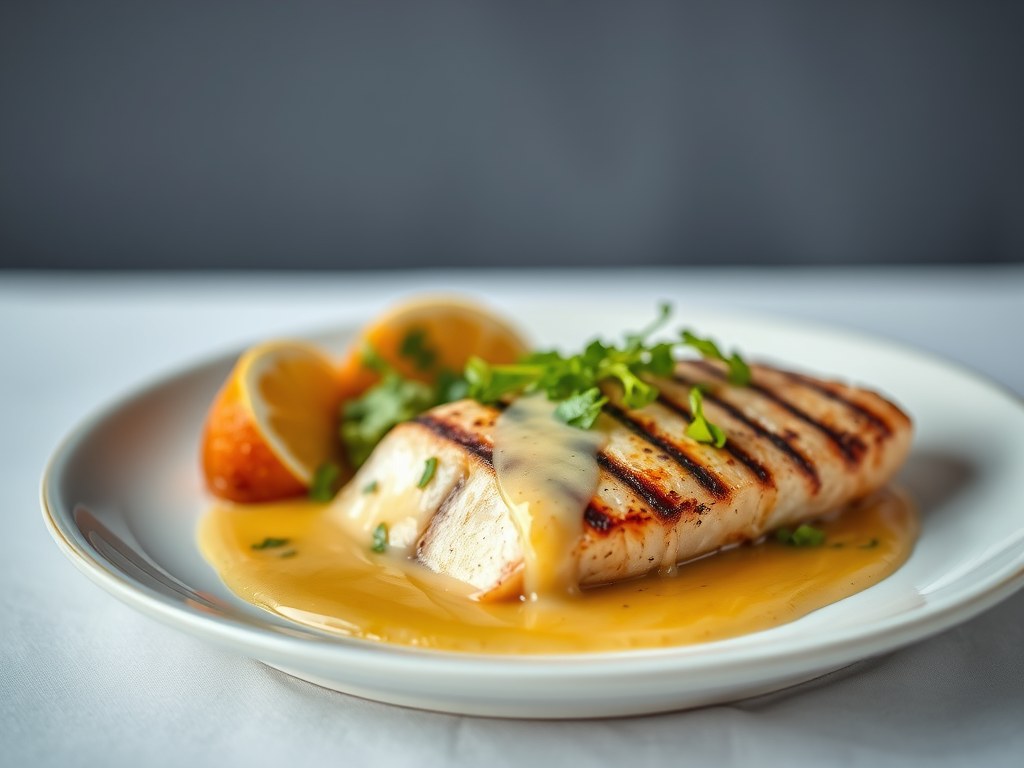 Gegrilde kabeljauw met romige mosterdsaus, AI-gegenereerde illustratie