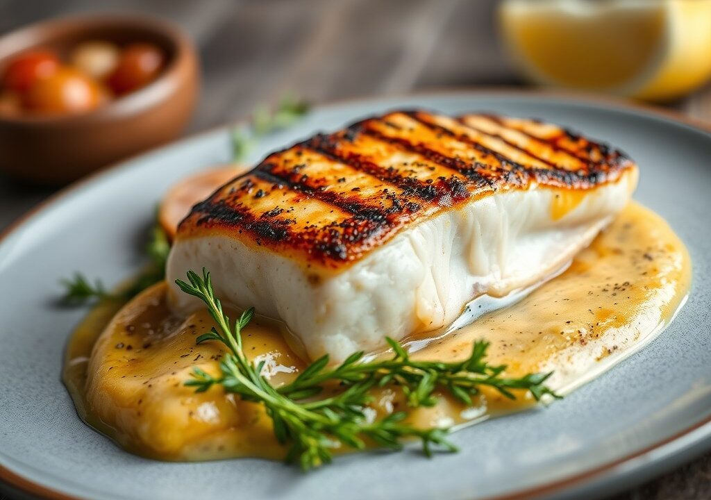 Gegrilde kabeljauwfilet met soffritosaus, AI-gegenereerde illustratie